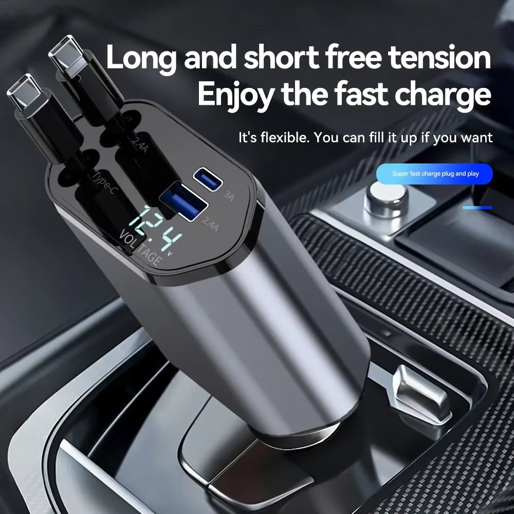 4 in 1 Retractable Car Super Fast Charging Charger Power Supply Adapter LED Display USB Type C 4 Ports Max 60W Chargers Adapter
