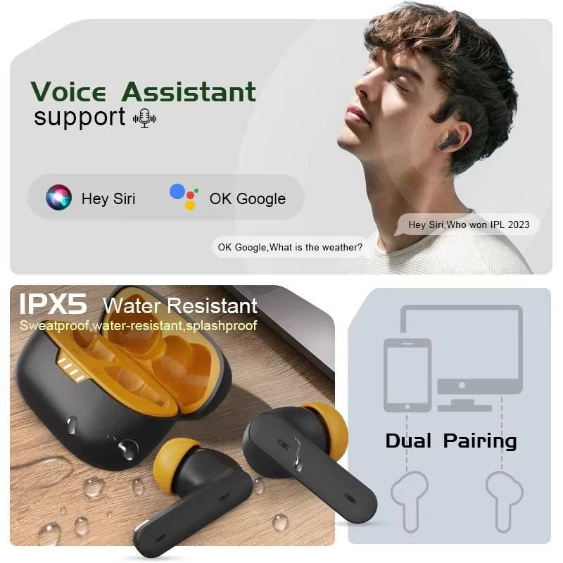 2025 Best Selling V5.4 TWS Earphones ENC+ANC Noise Cancelling Headphone Earbuds Gaming Mode Voice Assistant Low Digital Display