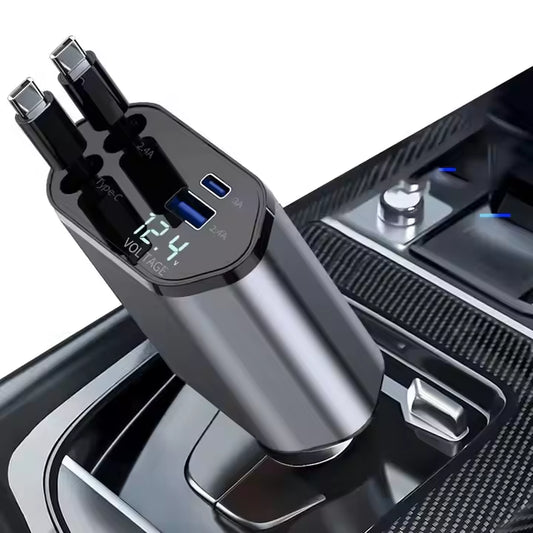4 in 1 Retractable Car Super Fast Charging Charger Power Supply Adapter LED Display USB Type C 4 Ports Max 60W Chargers Adapter